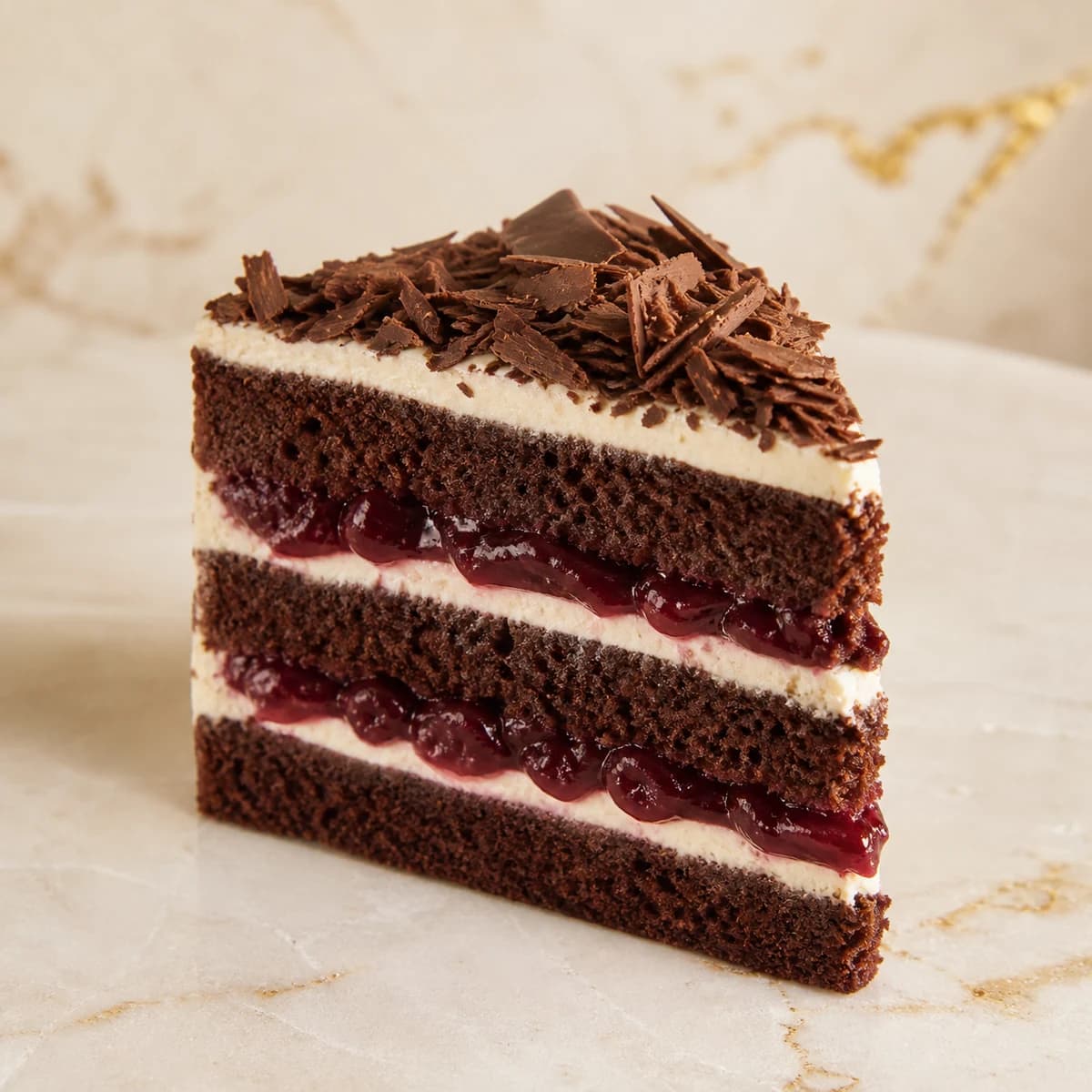 Chocolate Cherry Dream cake slice with cherry conserve and vanilla cream