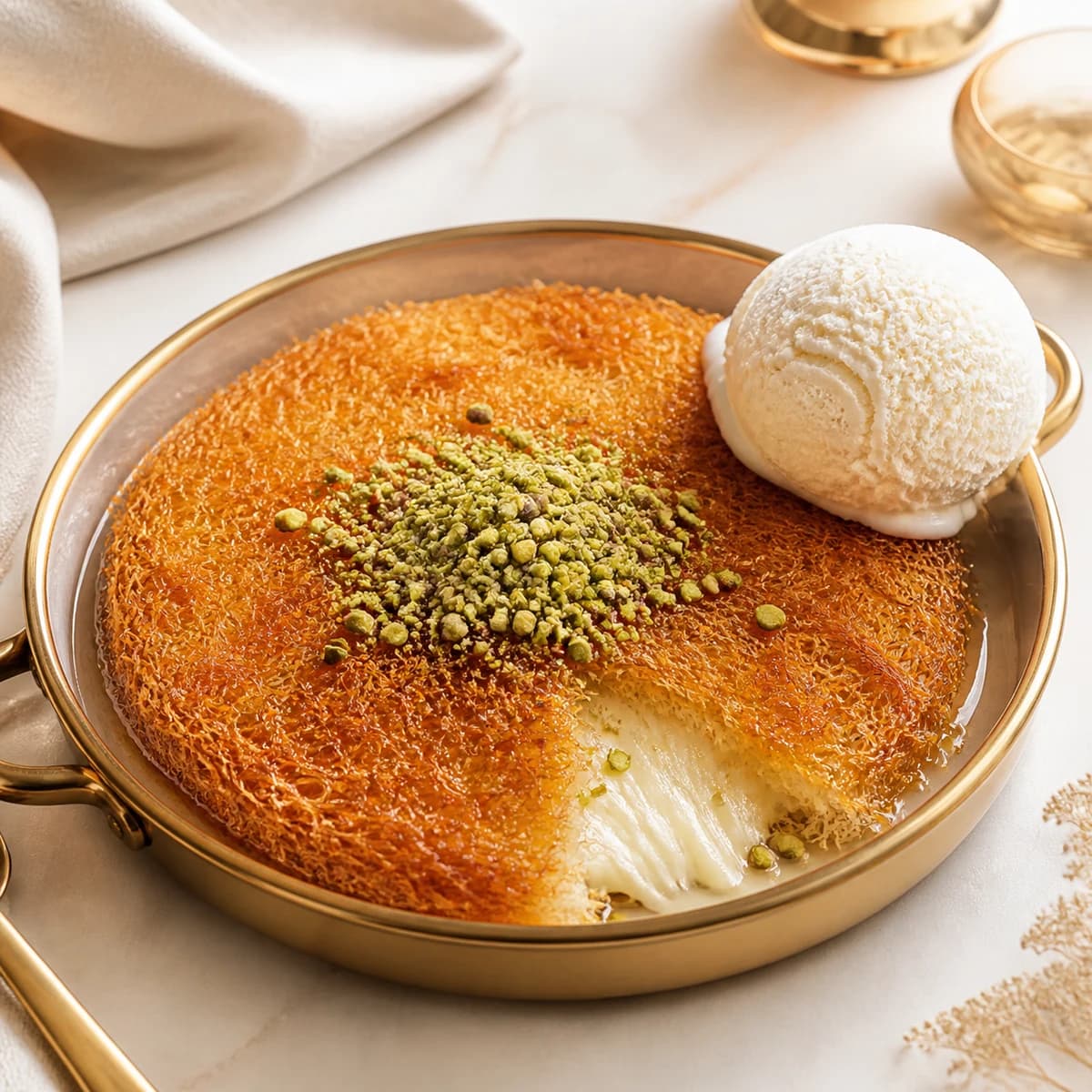 Individual kunafa with one scoop of vanilla ice cream