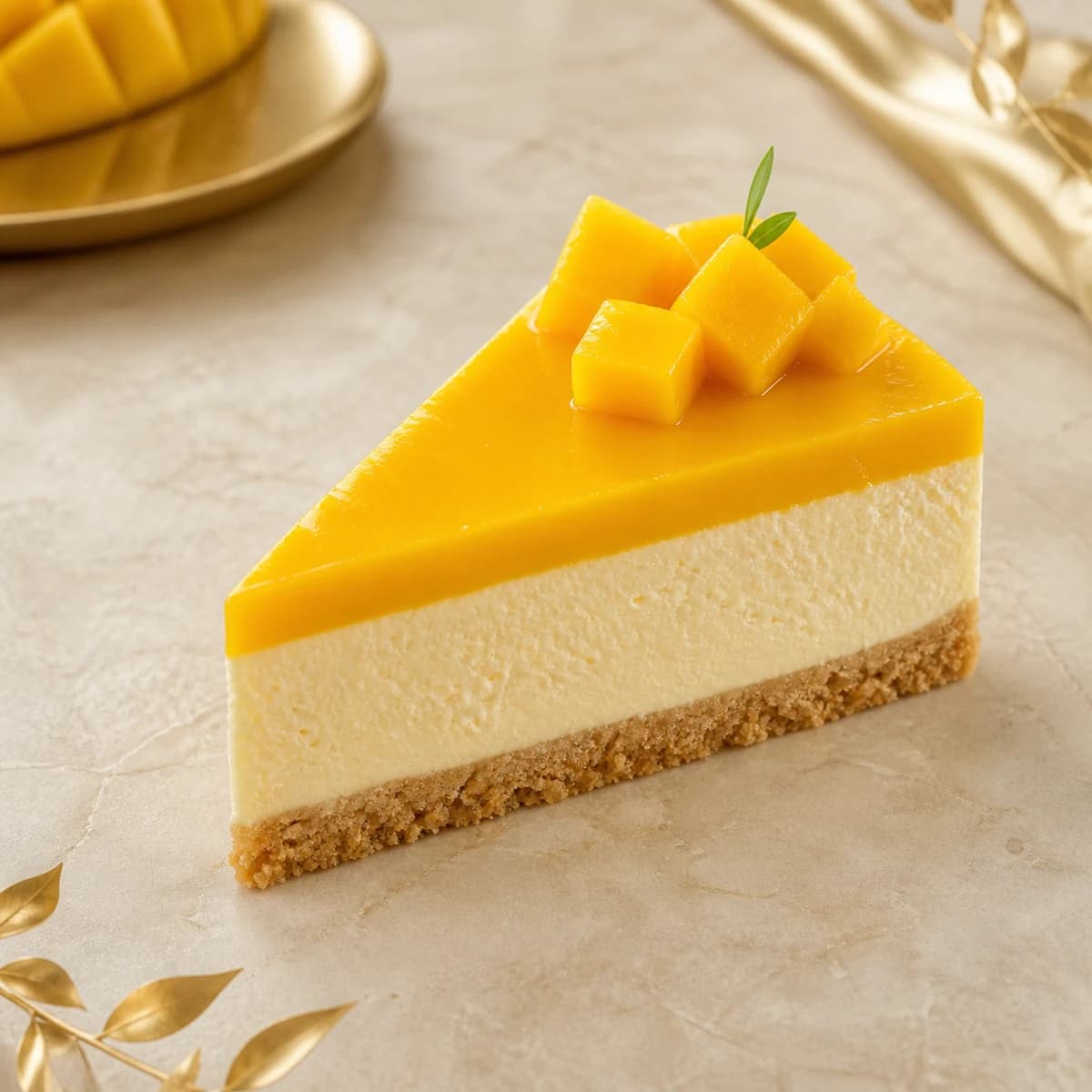 Mango Paradise cheesecake slice with mango puree