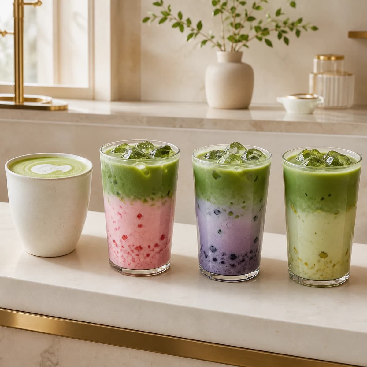 Classic hot matcha latte and Cakelin iced matcha selection