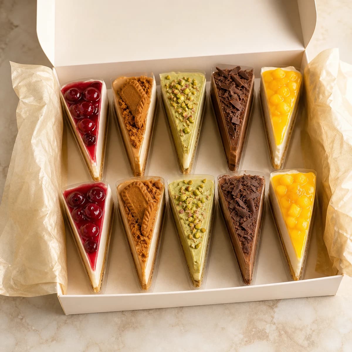 Ten-slice cheesecake collection with two of each signature flavour