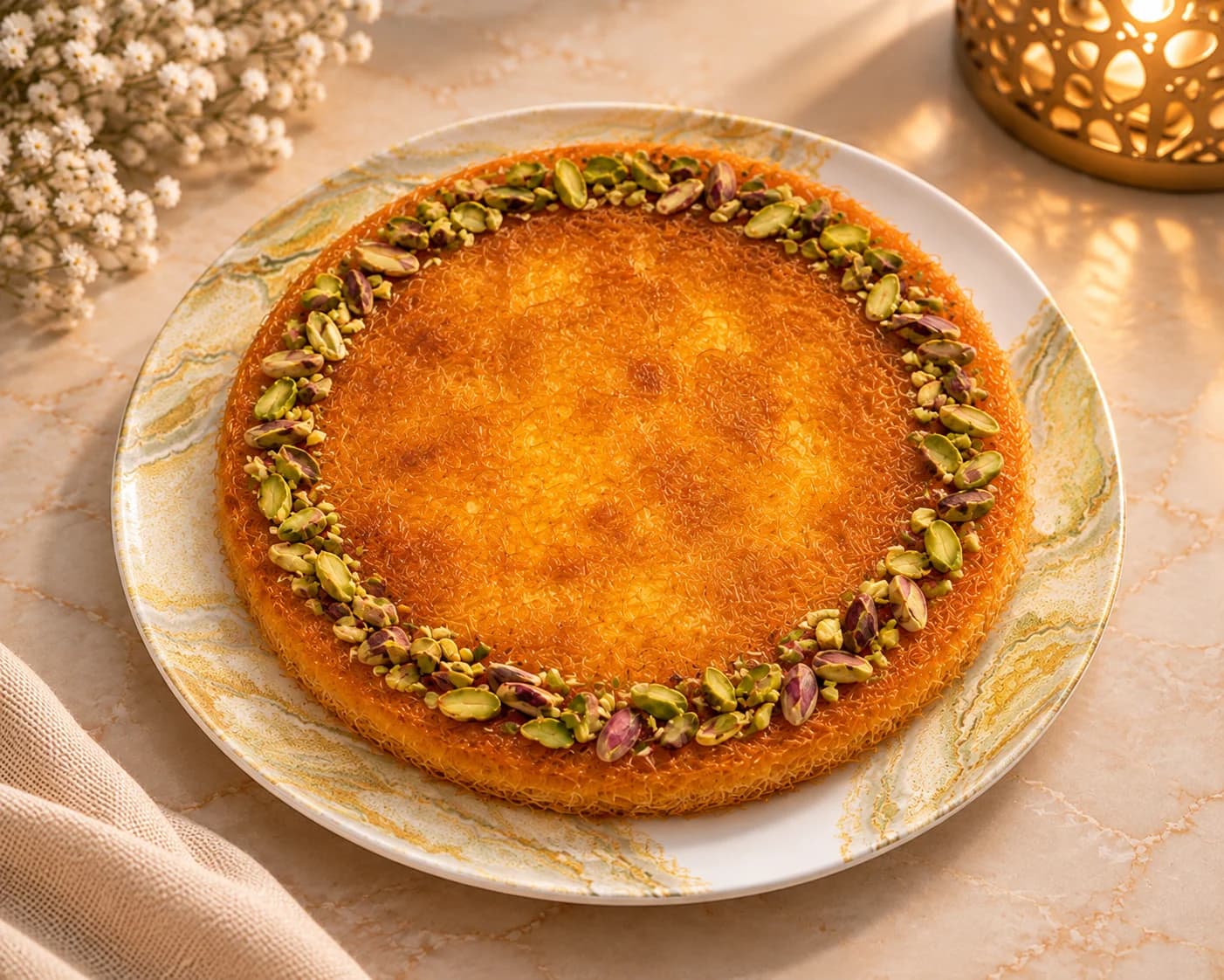 Family-size kunafa with pistachios