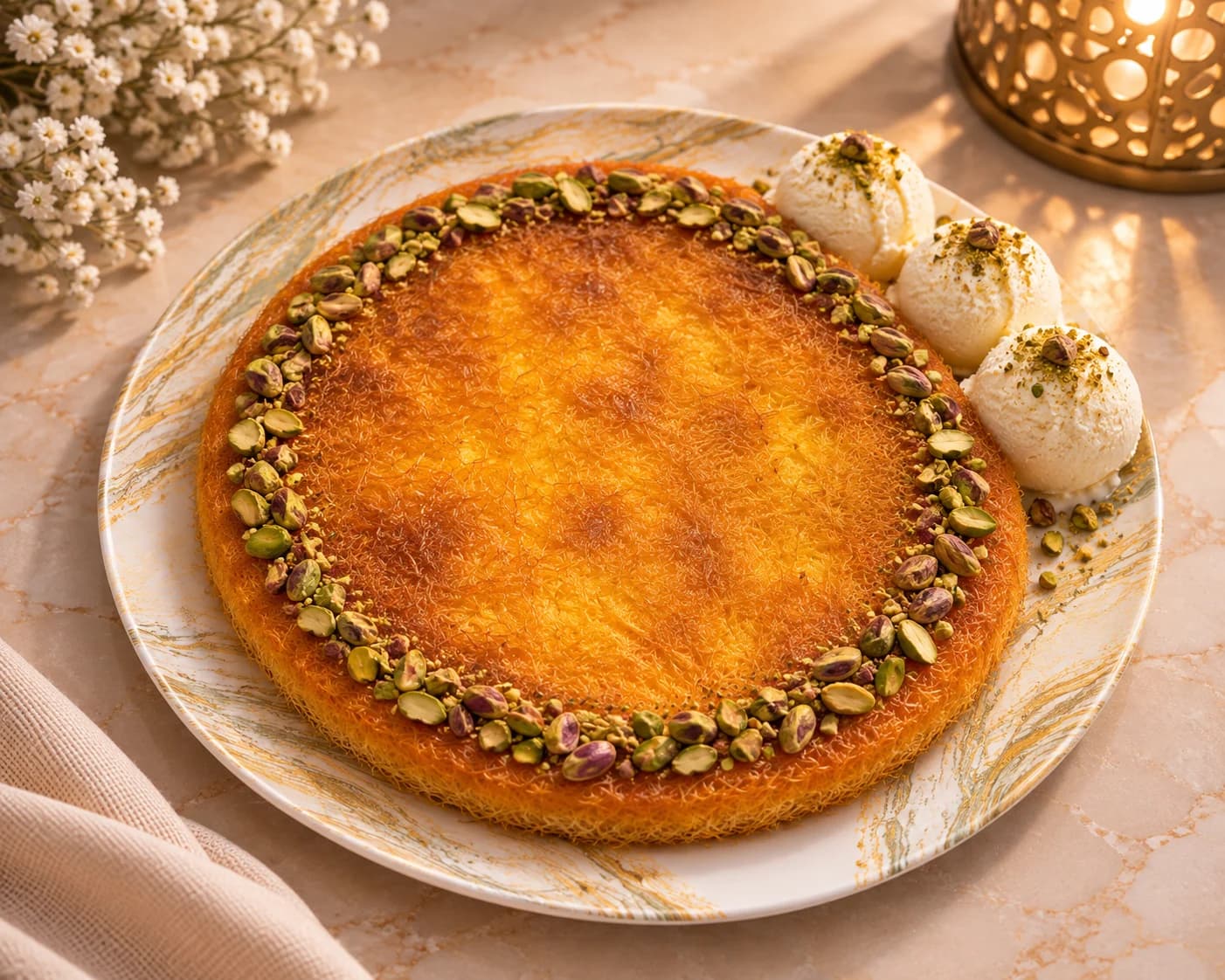 Family kunafa with three scoops of vanilla ice cream