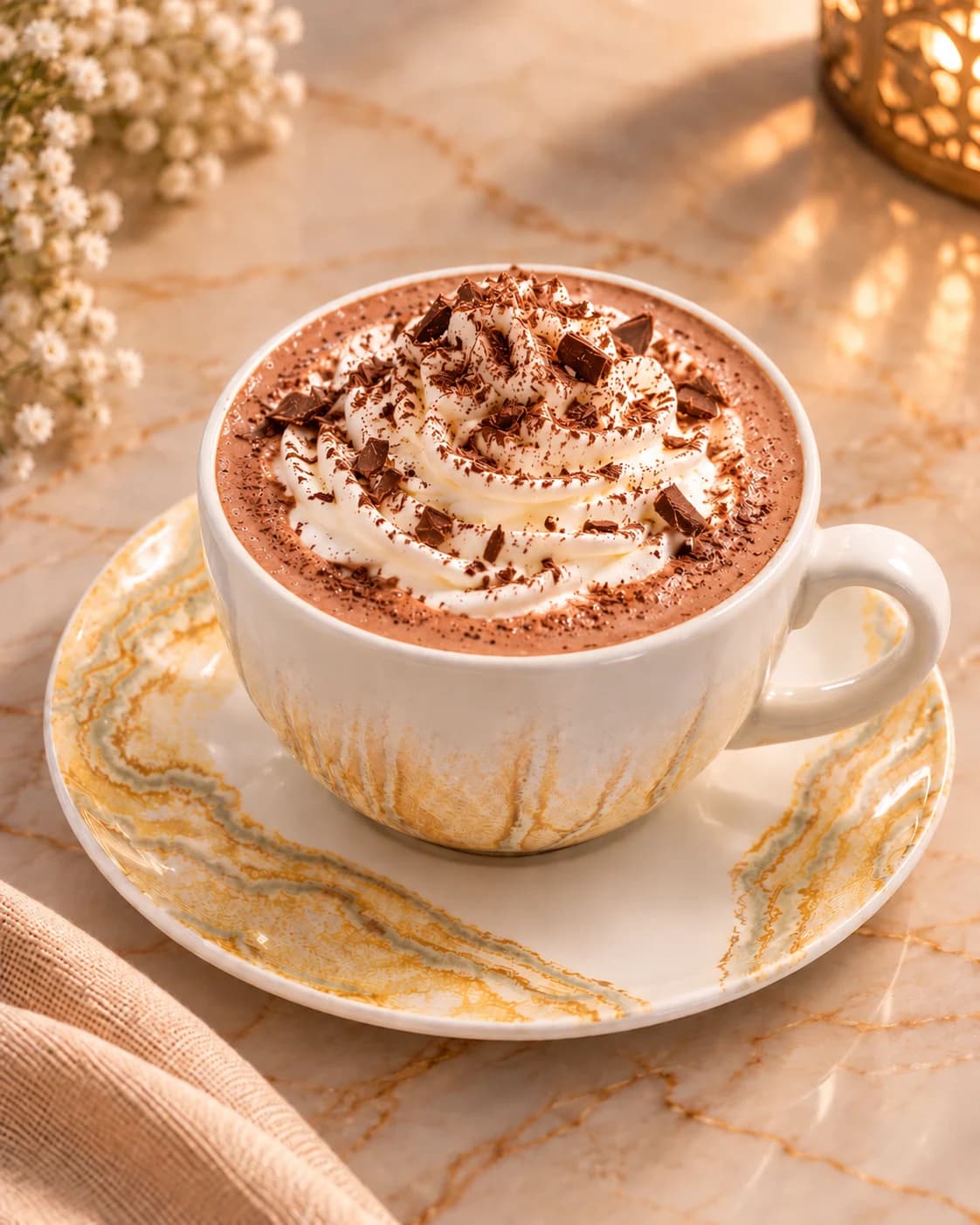 Hot chocolate with cream and chocolate curls