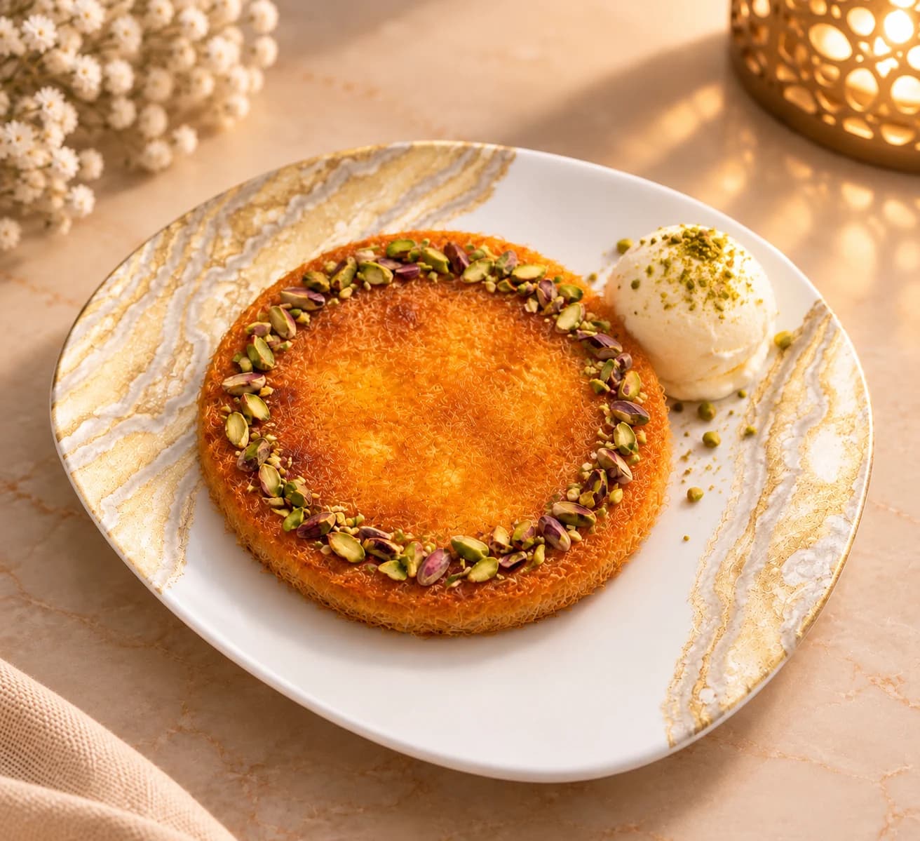 Individual kunafa with one scoop of vanilla ice cream